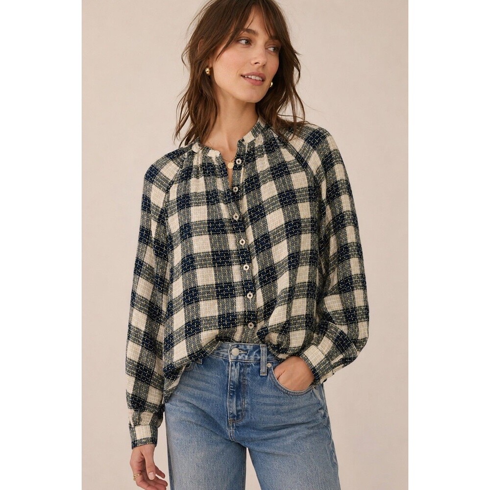 Anthropologie Pilcro Breezy Plaid Blouse XXS Wool Blend Ruffle Mandarin Neck Top